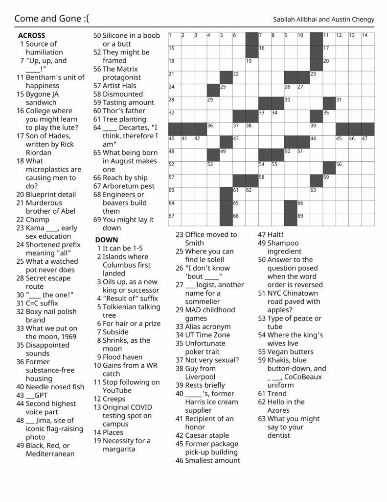 Come and Gone :( Crossword The College Voice